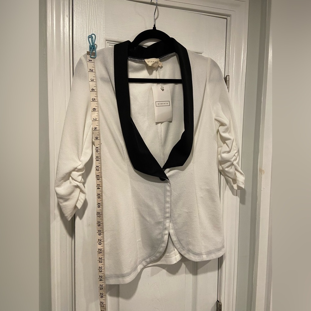 Ninexis White Black Lapel Lightweight Button Ruched 3/4 Sleeve Blazer Size M - Picture 4 of 12